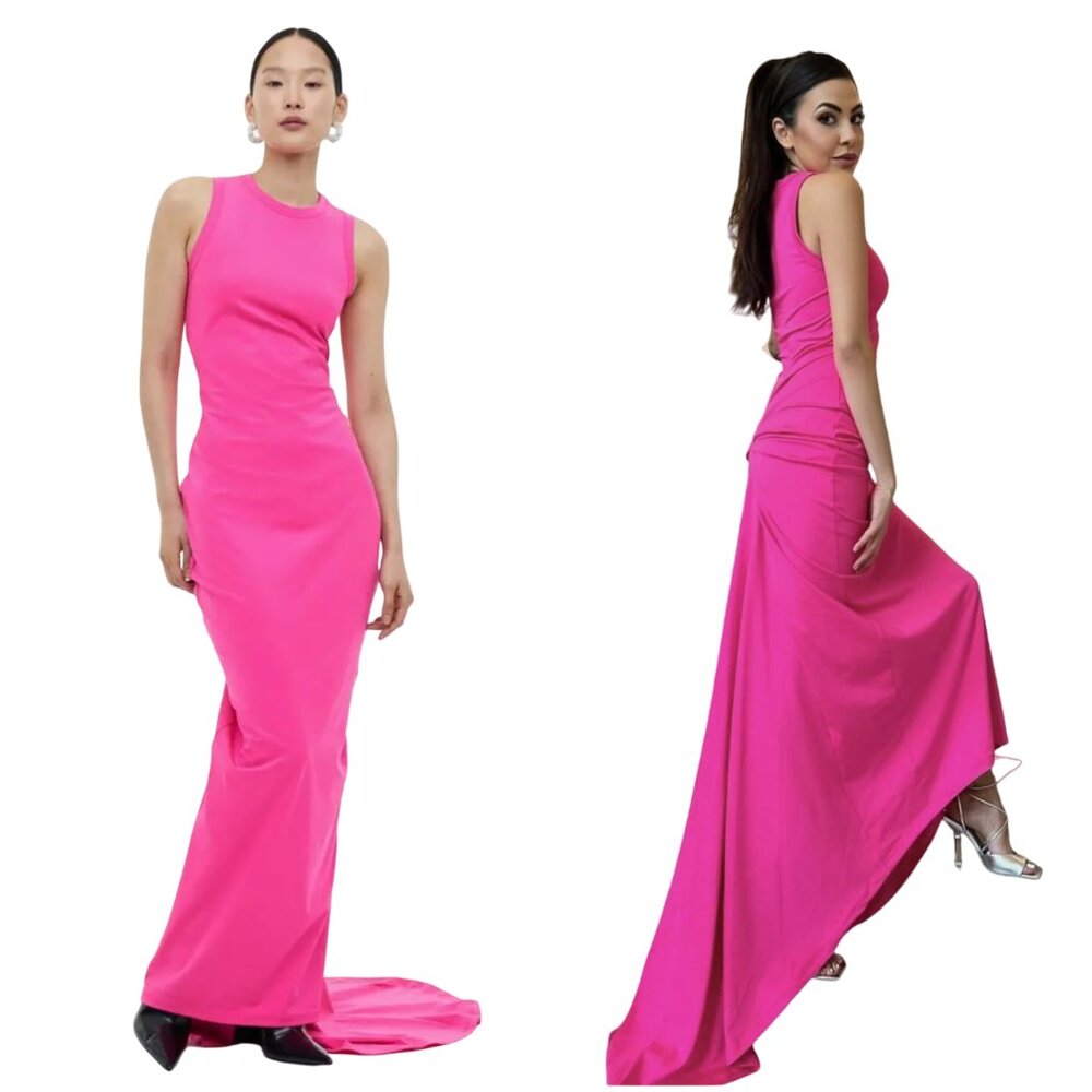 H&M Studio Gusset panel dress XS pink cerise runway S/S 2023 maxi gown train